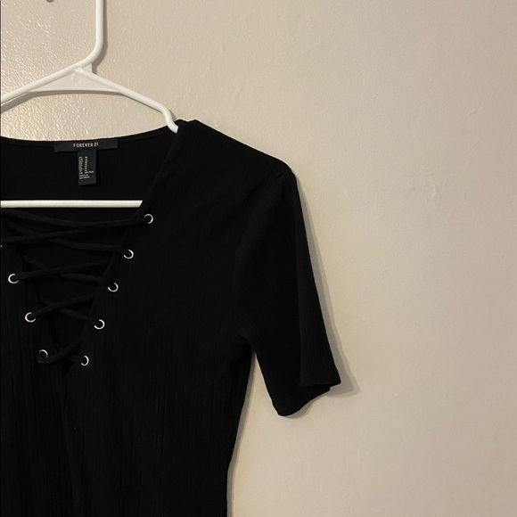 Forever 21 Black Ribbed Lace-Up Short-Sleeve Bodysuit - Picture 3 of 8